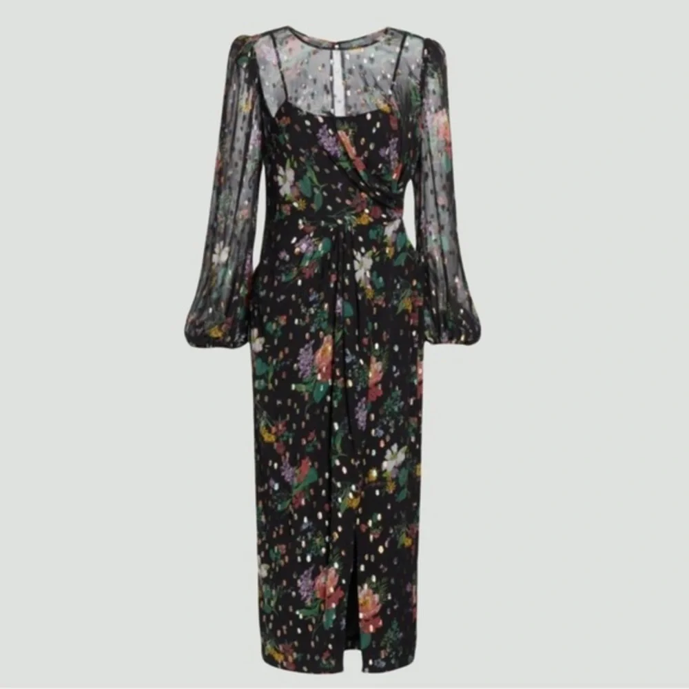 AMUR Sabine Drape Dress | Front Slit | Black | Floral | Sheer | Size 10 - Picture 6 of 16